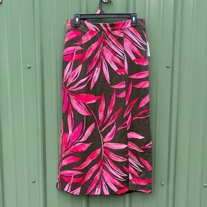 Women's Hawaiian Tropical Print Linen-Blend Slip Skirt with Side Slit, Size M